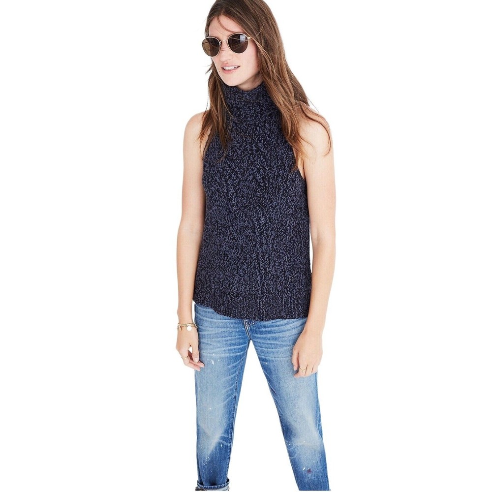 Madewell Merino Wool Blend Chunky Turtleneck Cutaway Sweater-Vest Women XS Navy